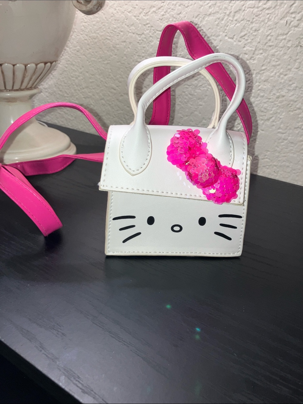 White Kids Mini Crossbody Bag with Pink Sequin Bow Accent